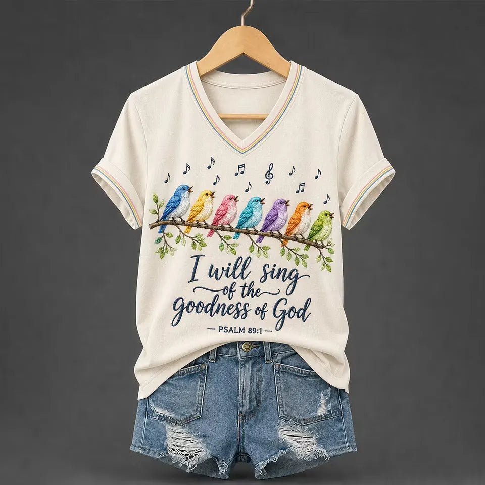 Women's I Will Sing Of The Goodness Of God Psalm 89:1 Christian Bird Print Casual V-Neck Tee
