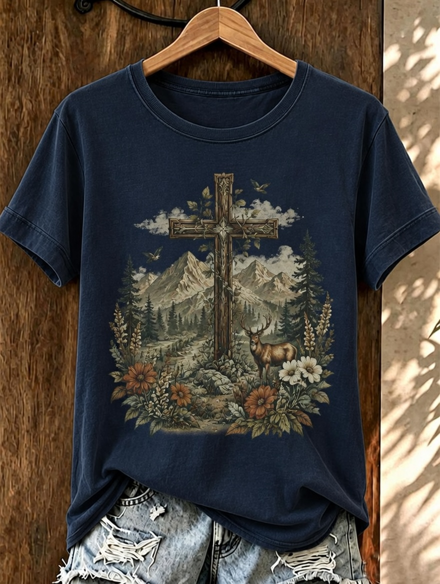 Mountain Deer Floral Cross Vintage Print Crew Neck Casual Short Sleeve T-Shirt