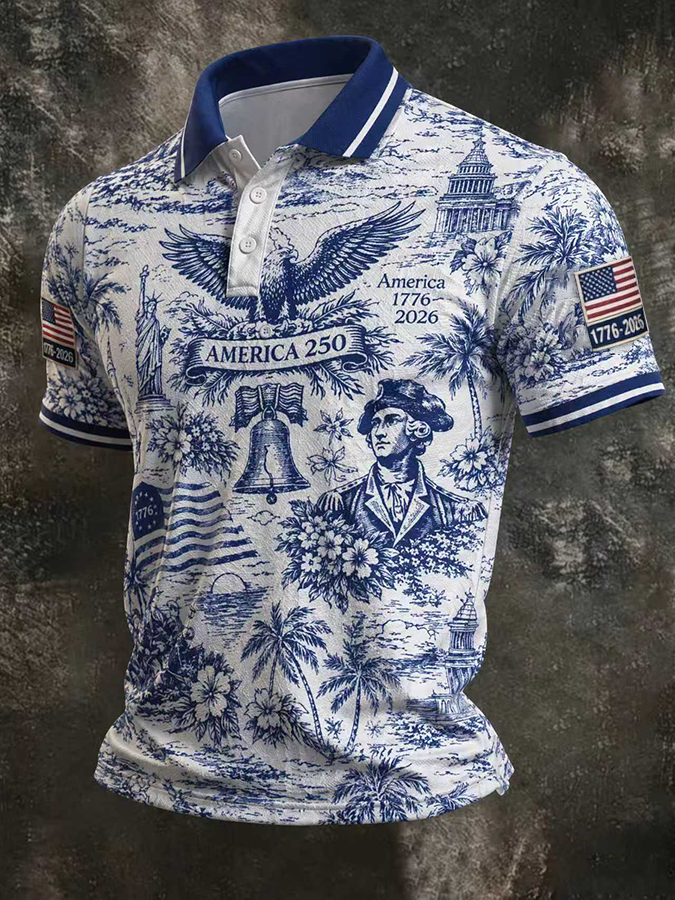 Men'S American Flag Print Casual Polo Shirt