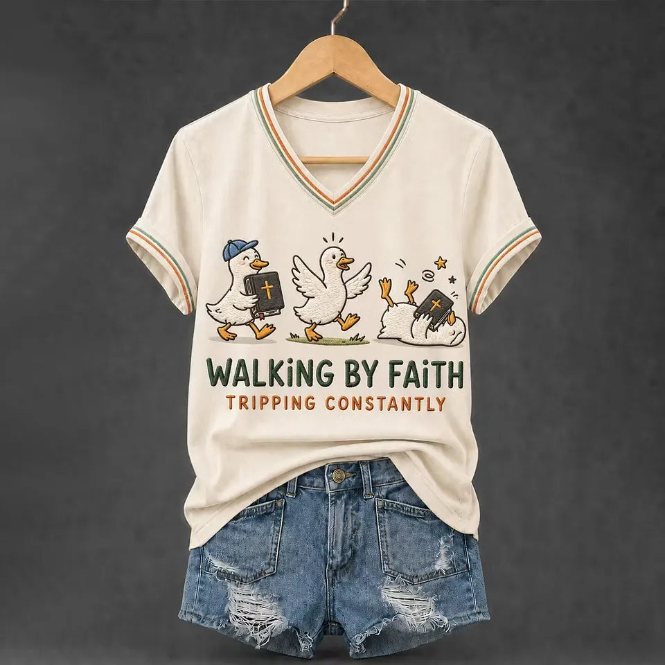 Women's Walking by Faith Tripping Constantly Goose Print Christian Inspirational V-Neck Tee
