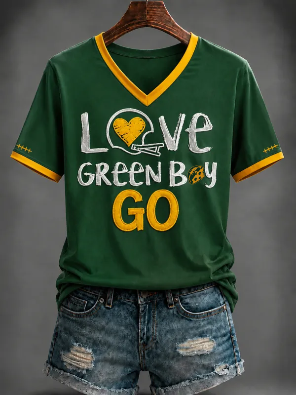 Women's Football Printed V-neck T-shirt
