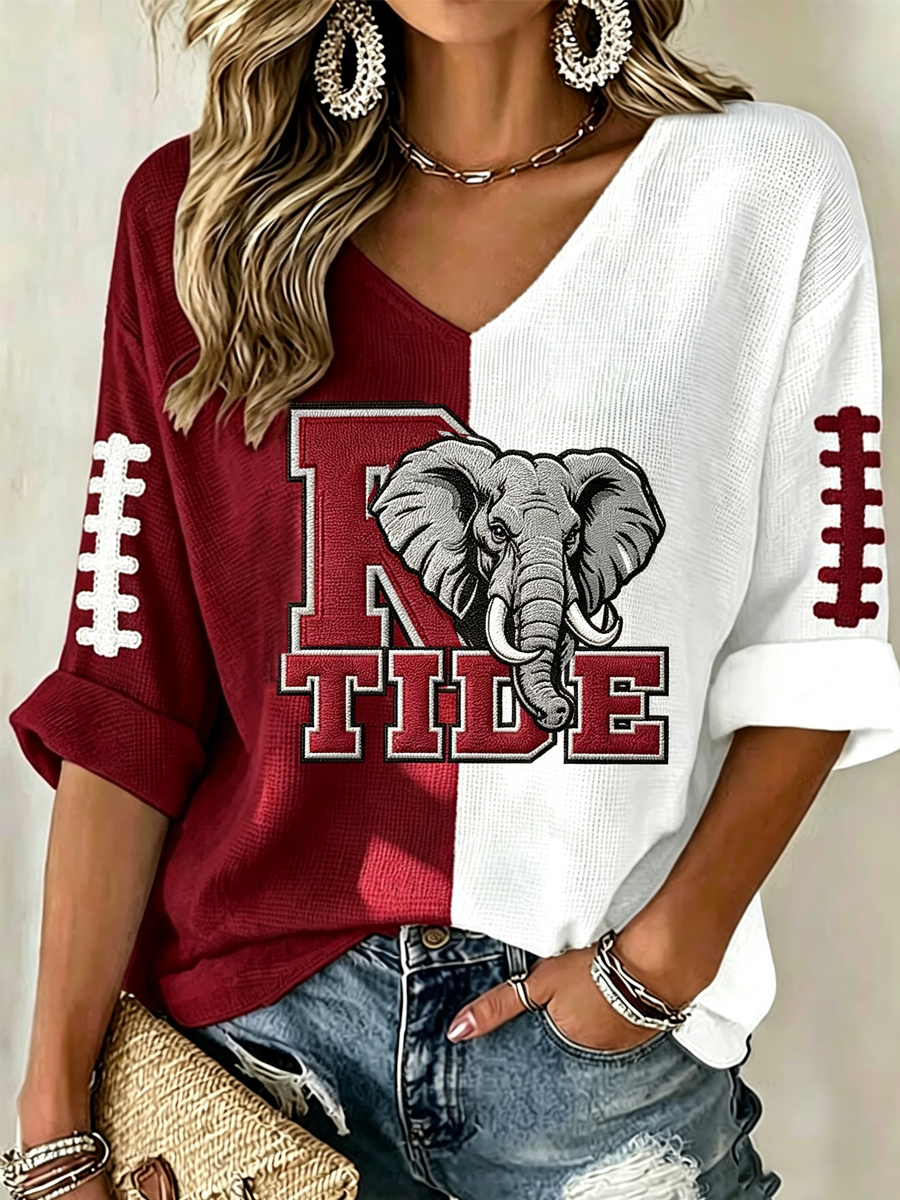 Women'S Rugby Patterned Waffle V-Neck Top