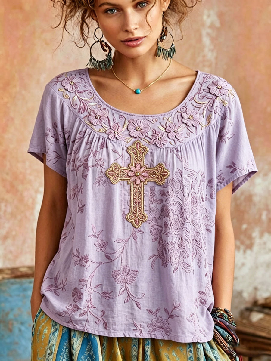 Women's Vintage Cotton-Linen Top with Wing and Cross Motif