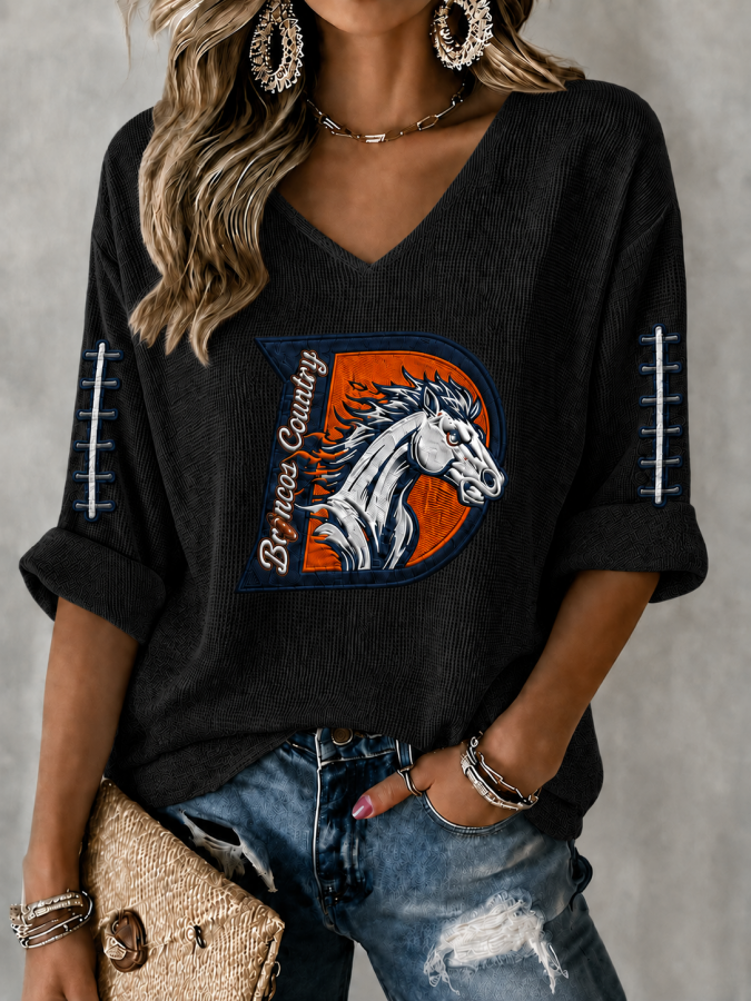 Women'S Rugby Patterned Waffle V-Neck Top
