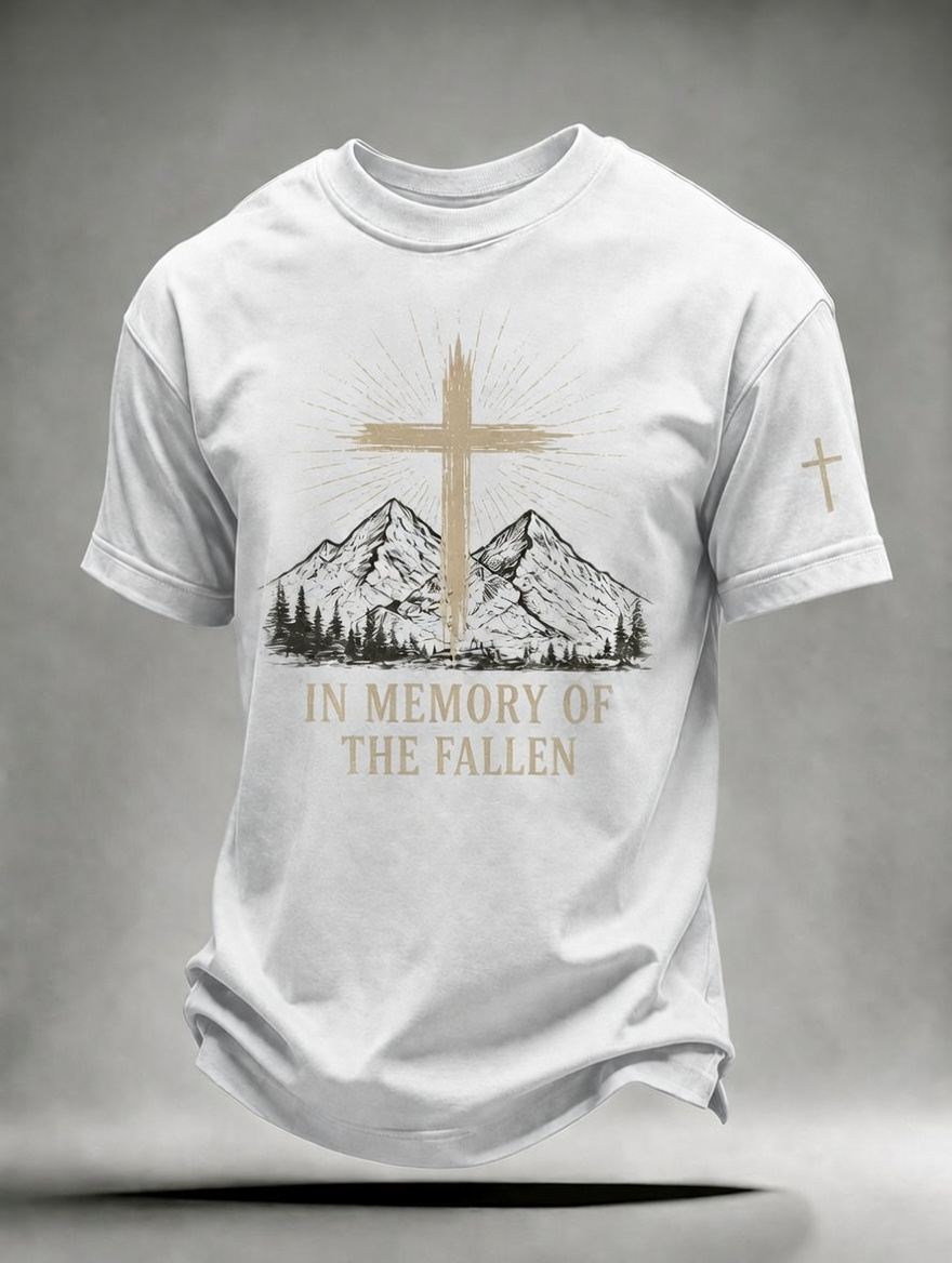 Mountain Cross In Memory Of The Fallen Short Sleeve Tee With Sleeve Cross Print