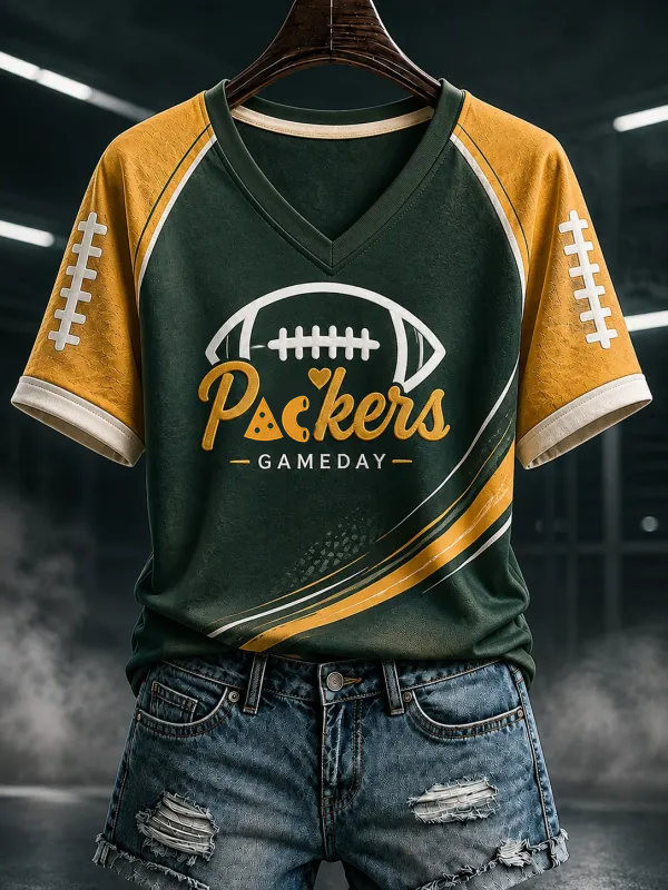 Women's Football Printed V-neck T-shirt