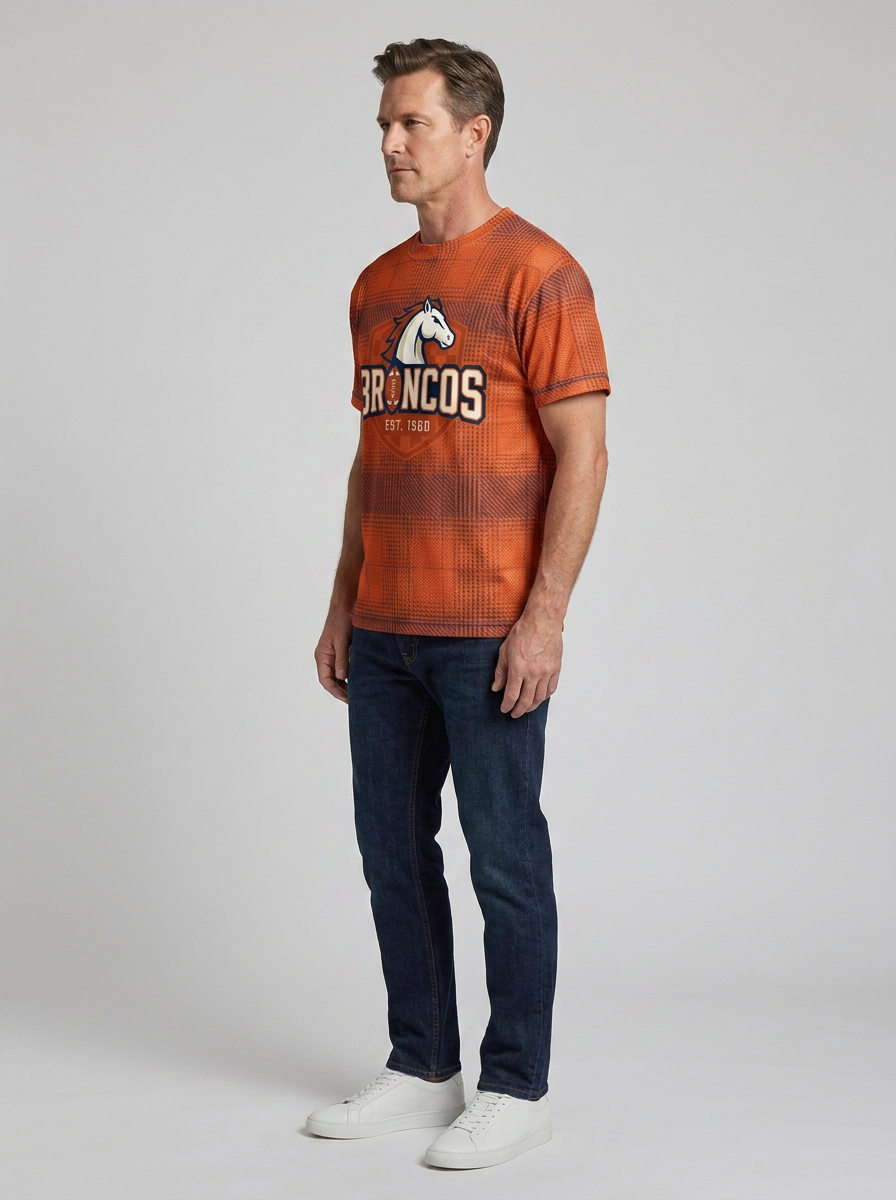Unisex Denver Broncos Plaid Logo Printed T-shirt