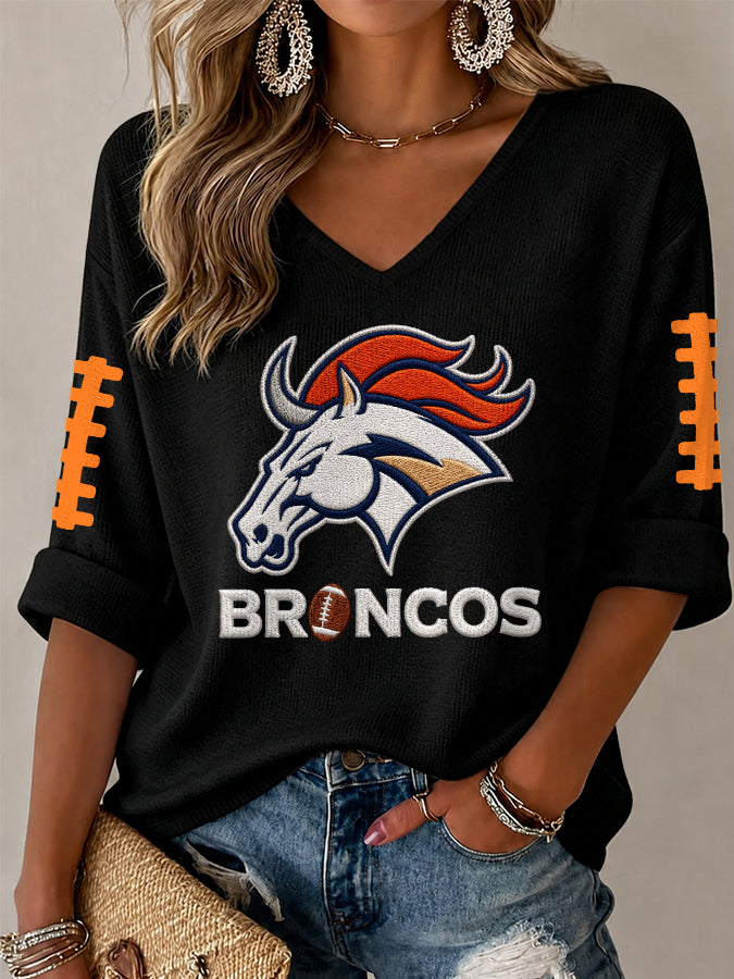 Women'S Rugby Patterned Waffle V-Neck Top