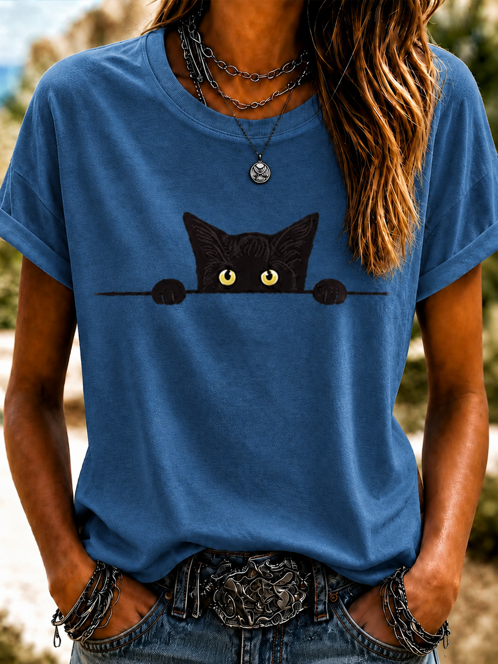 Women'S Cute Cat Art Printed Round Neck T-Shirt